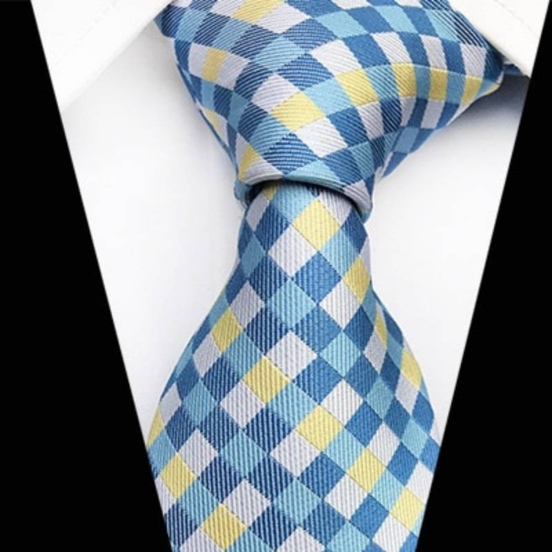 Srebrny krawat w niebieską i żółtą kratkę
