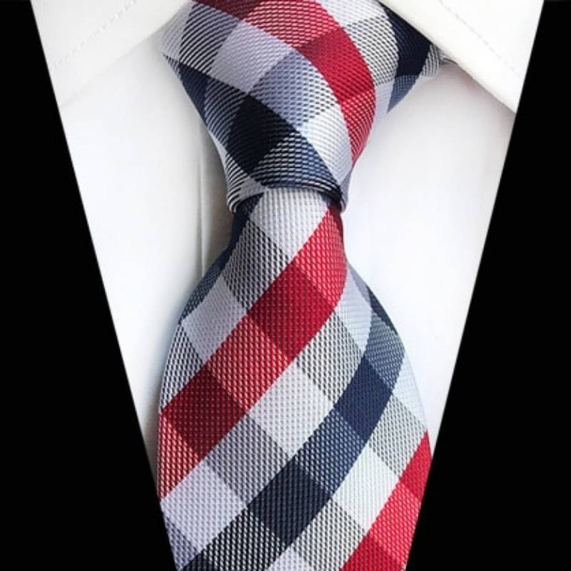 Biały krawat w czerwoną i szarą kratkę