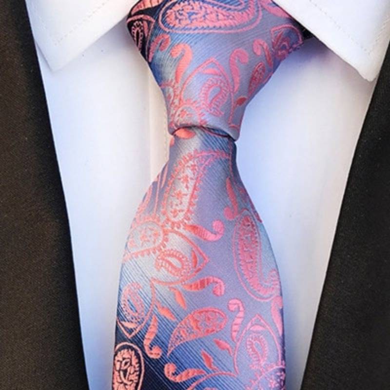 Biały krawat w różowy wzór paisley