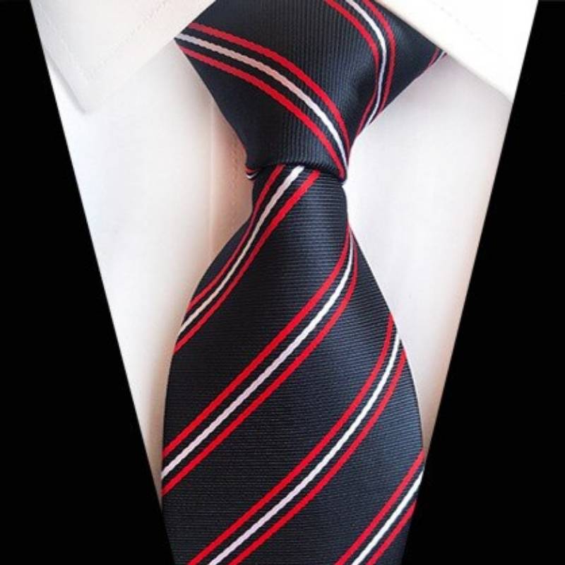 Ciemnoszary krawat w czerwono-białe paski
