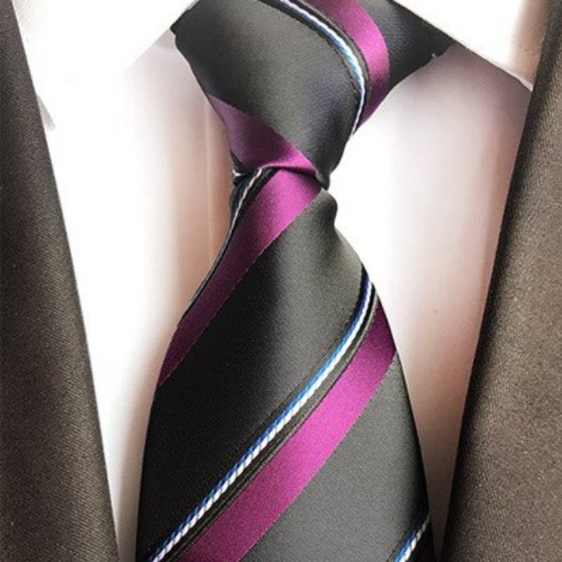 Ciemnoszary krawat w fioletowo-białe paski