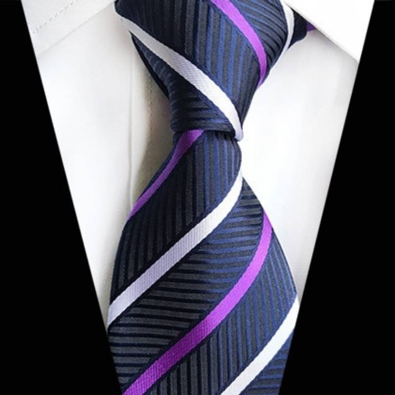 Szary krawat w fioletowo-białe paski