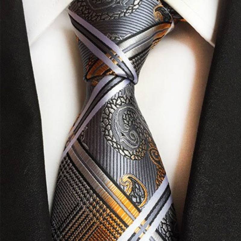 Szaro-pomarańczowy krawat w białe paski
