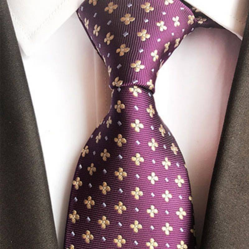 Fioletowy krawat w żółte kwiaty i białe kropki
