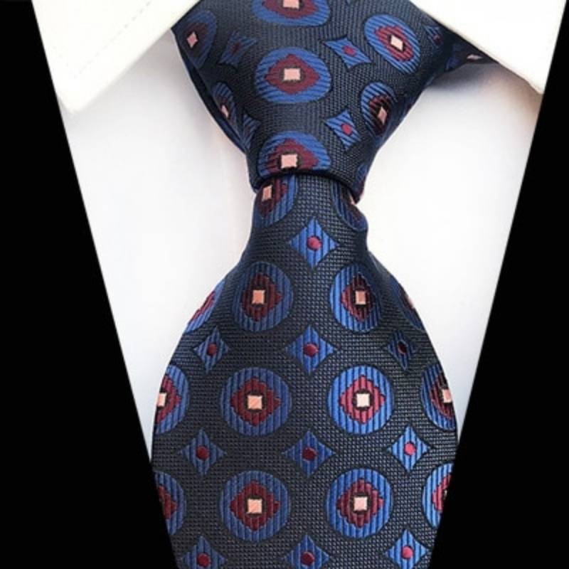 Czarny krawat w burgundowo-niebieski wzór