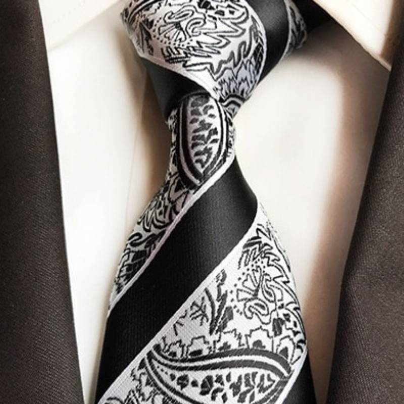 Biało-czarny krawat w paski paisley