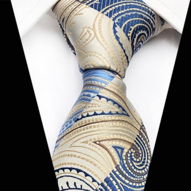 Niebiesko-beżowy krawat w paski z wzorem paisley