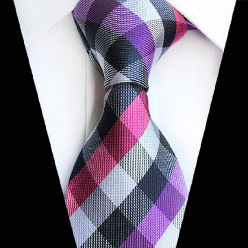 Krawat w białą, szarą, fioletową i różową kratkę