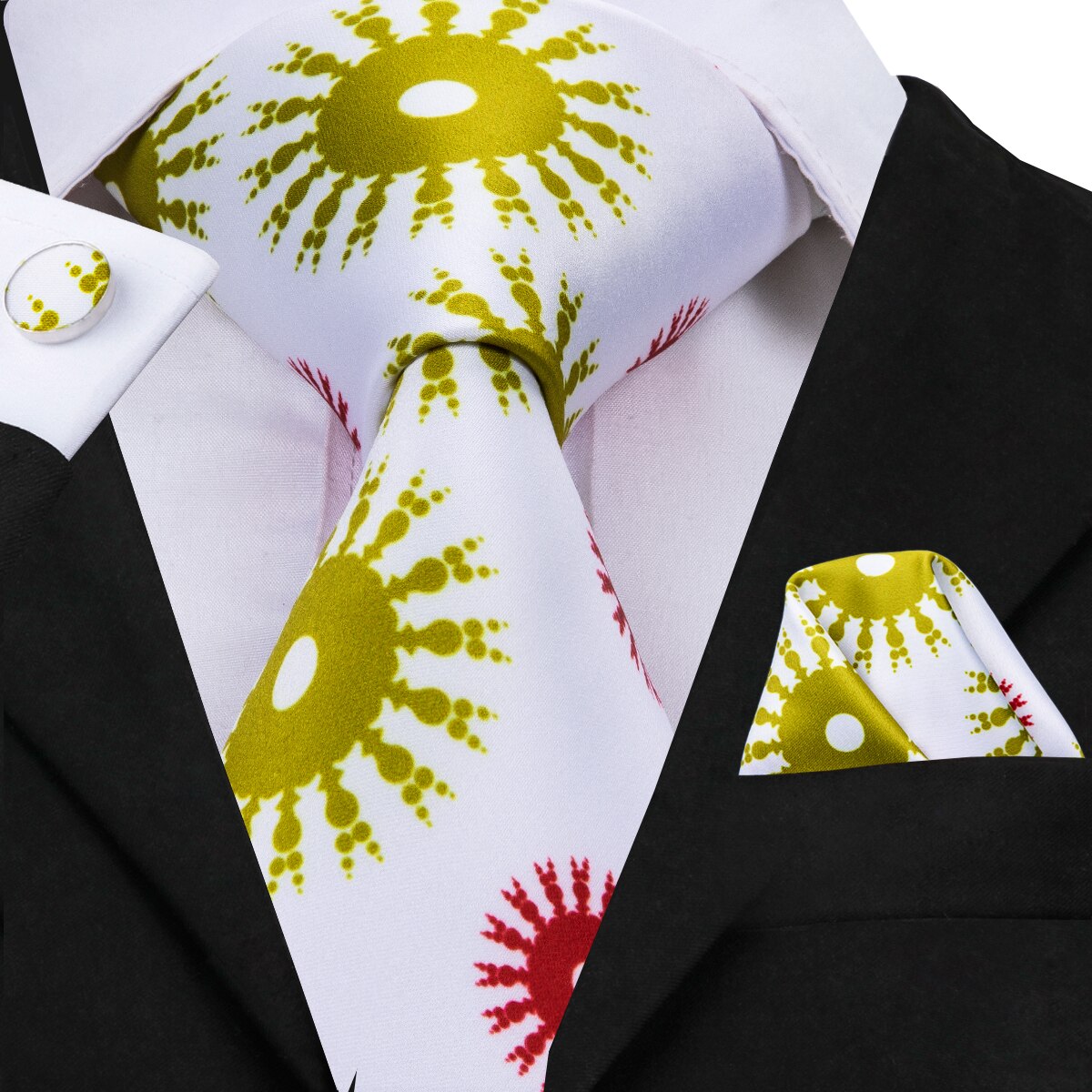 Biały krawat z żółtym i czerwonym słońcem