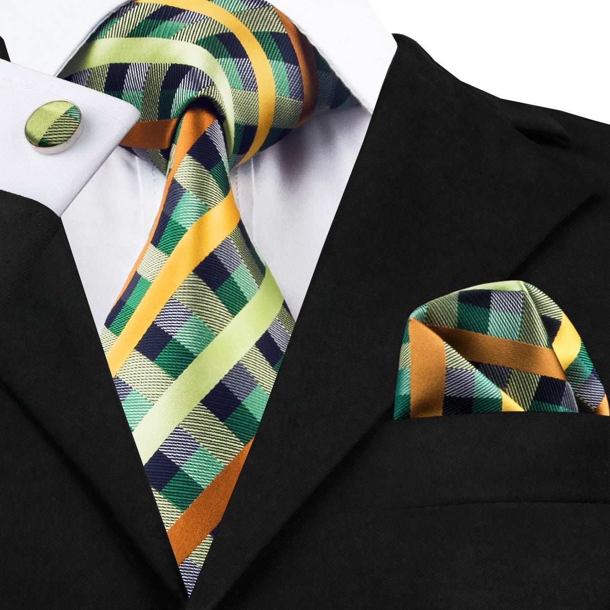 Żółty, zielony, szary i niebieski krawat w kratę