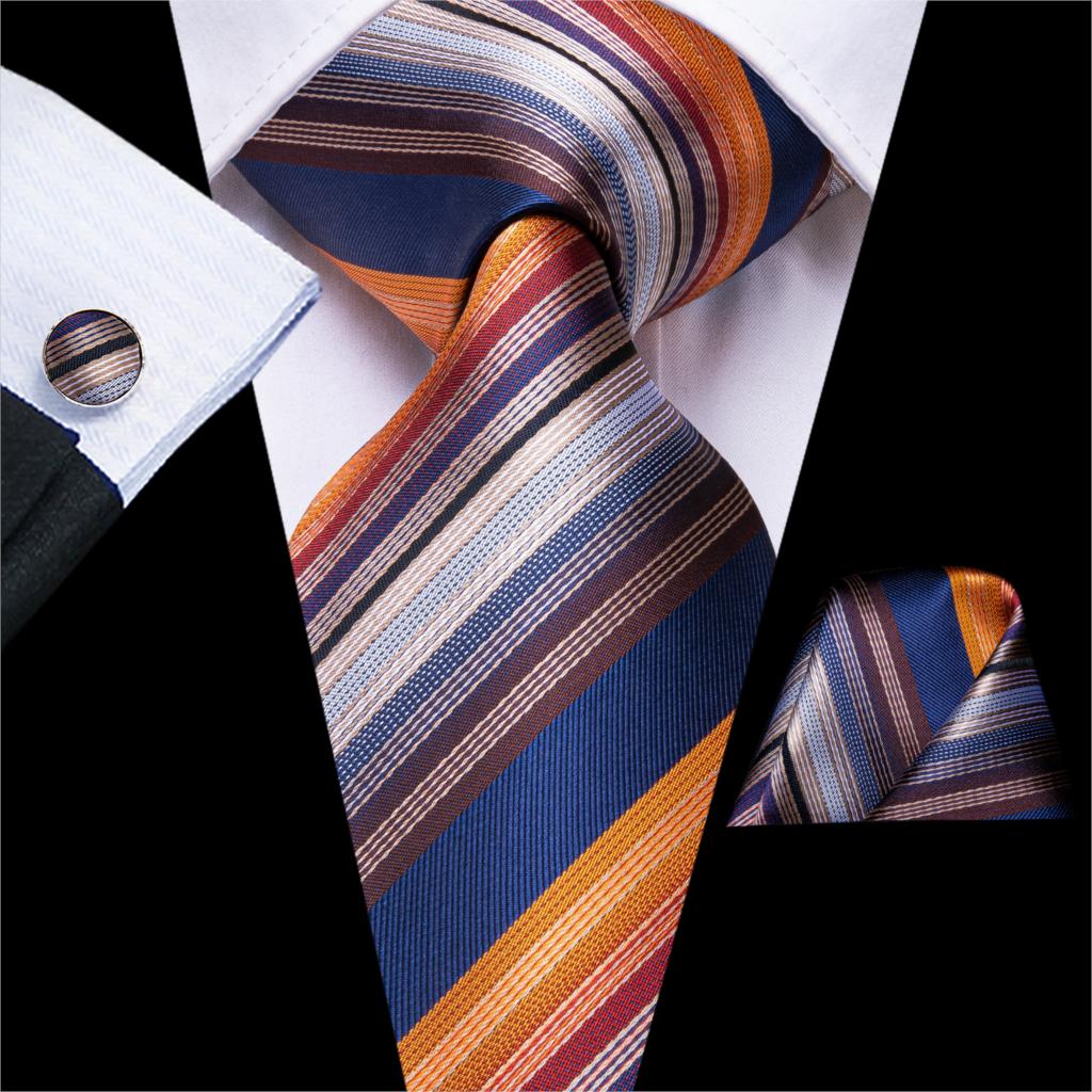 Niebieski, pomarańczowy, czerwony i srebrny krawat w paski