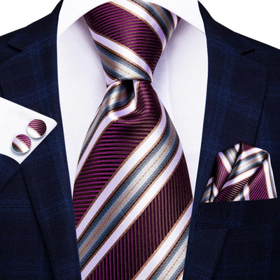 Fioletowy, biały i szary krawat w paski