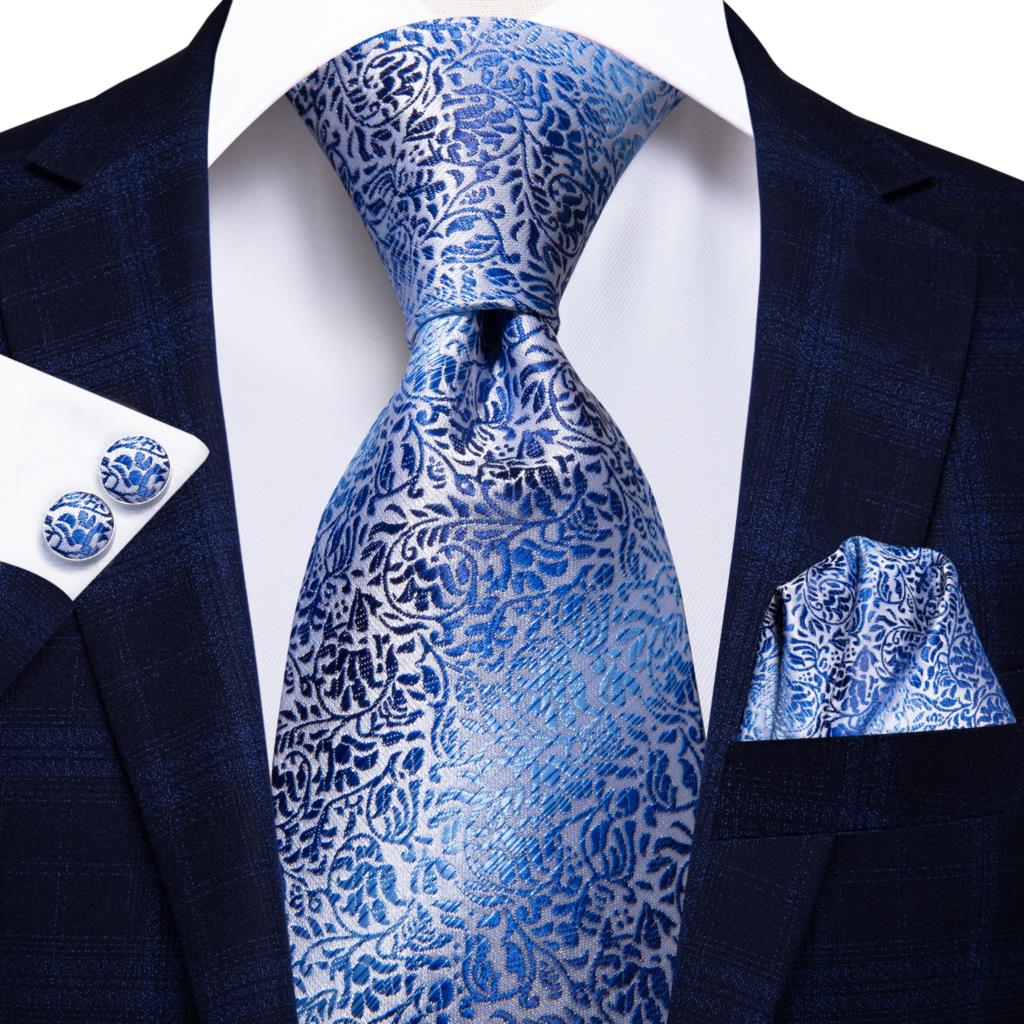 Niebiesko-srebrny krawat w kwiaty