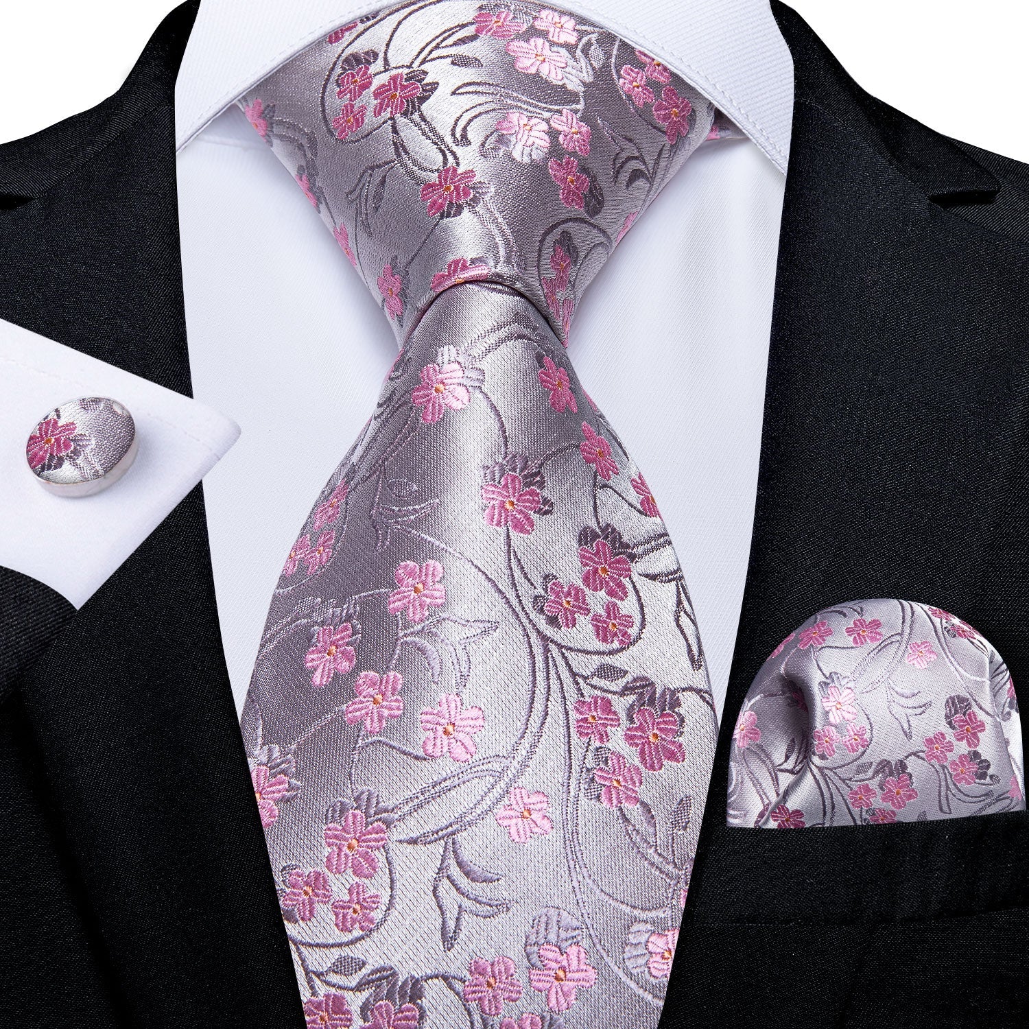 Srebrny Krawat Z Różowymi Kwiatami