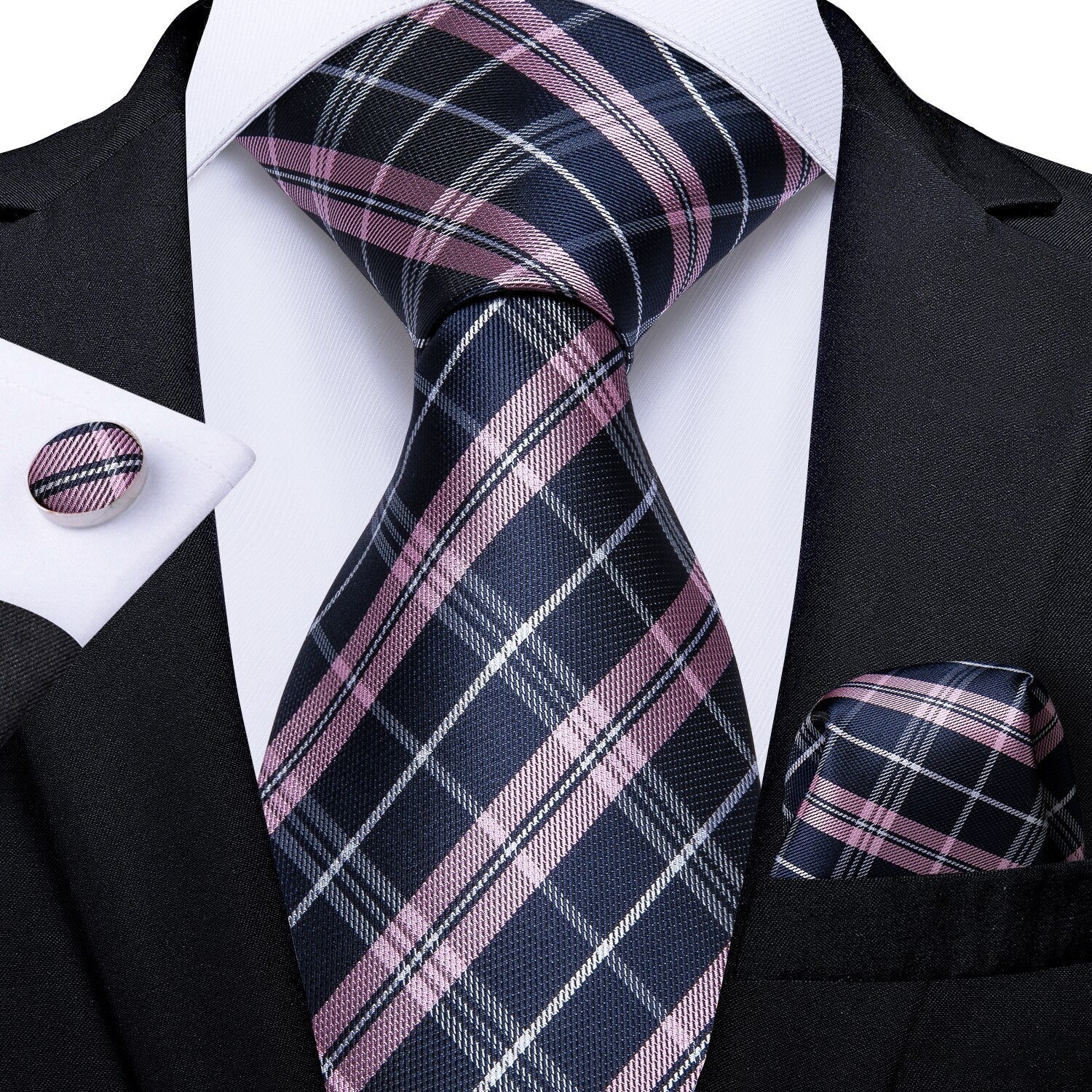 Szary krawat w różową i białą kratkę