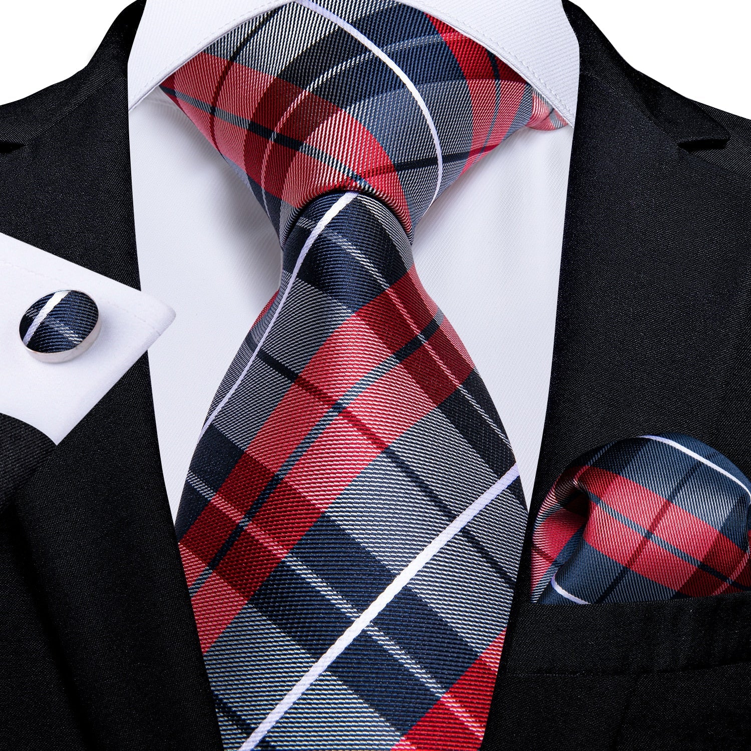 Szary krawat w czerwono-granatową kratkę