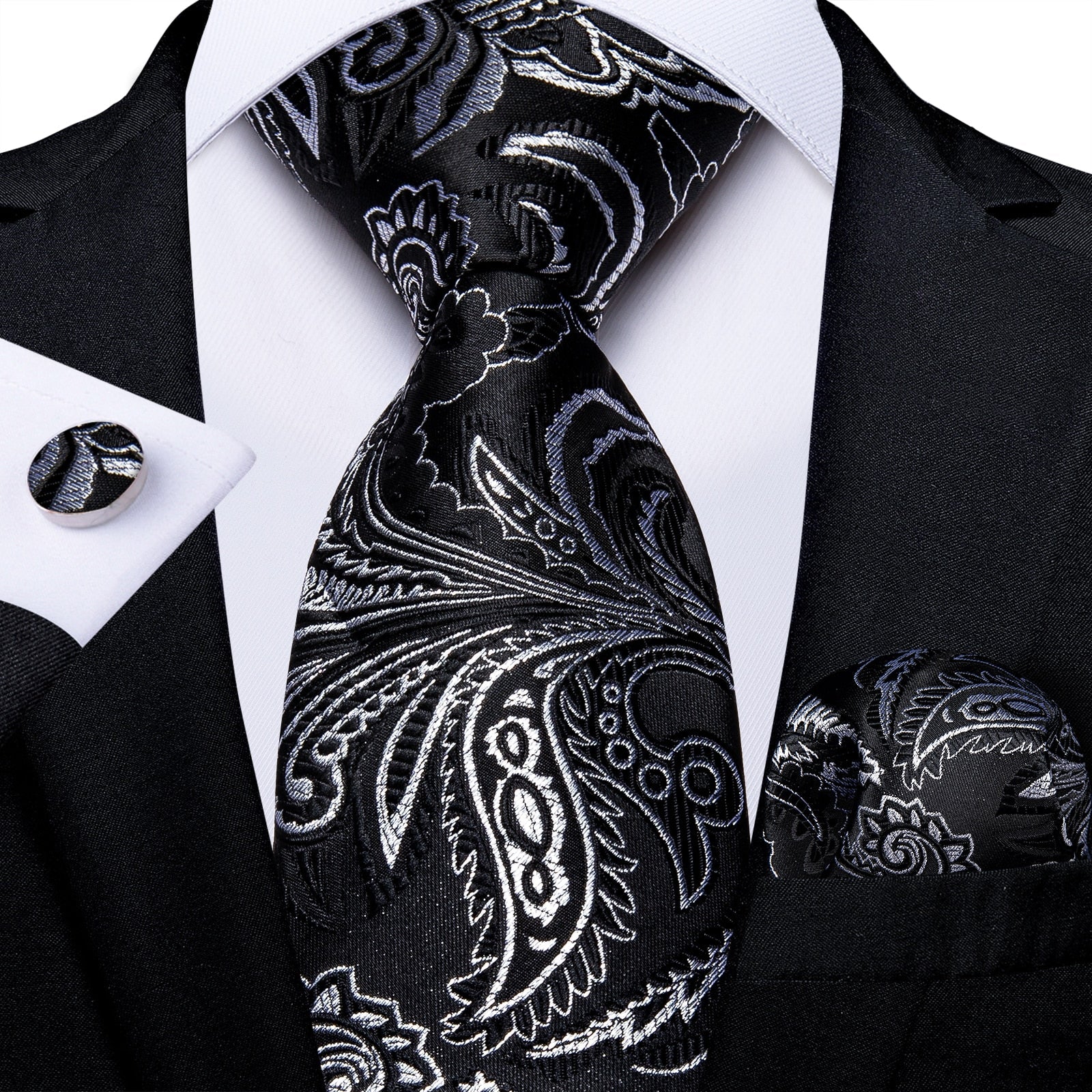 Czarno-srebrny krawat w kwiaty